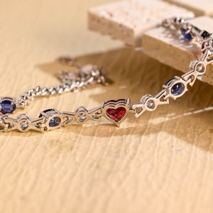 Solid Gold Bracelet, Round Moissanite & Heart Lab Grown Ruby, Oval Lab Grown Sapphire Bracelet/ Personalized Elegant Bracelet Gift For Women image 7