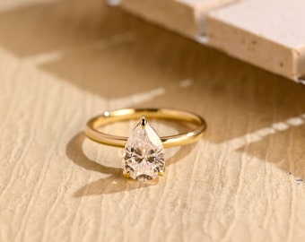 Solid Gold Pear Cut Moissanite Engagement Ring, Hidden Halo Wedding Ring, Promise Ring, Valentine's Day / Anniversary/ Birthday Gift for Her