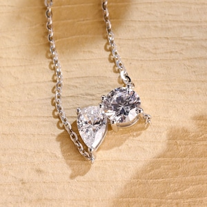 Solid Gold Round & Teardrop Moissanite Pendant Necklace,  Toi et Moi Necklace, Valentine&#39;s Day/ Anniversary/ Birthday Gift for Her, Women