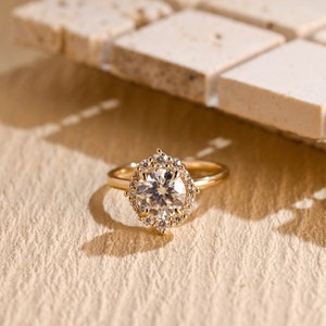 Solid Gold Round Cut Moissanite Engagement Ring, Promise Ring with Halo, Proposal Ring, Anniversary/ Birthday Gift for Women, Wife, Her