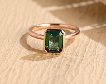 Solid Gold Emerald Cut Lab Grown Emerald Engagement Ring, Minimalist Solitaire Wedding Band, Valentine's Day / Anniversary Gift for Women