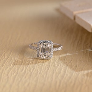 Solid Gold Halo Emerald Cut Moissanite Engagement Ring, Luxury Vintage Inspired Poposal Ring, Unique Anniversary / Birthday Gift for Woman