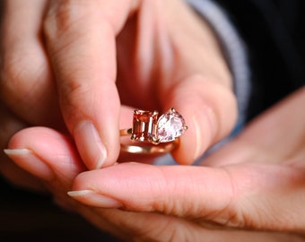 Solid Gold Pink Sapphire Pear Cut & Emerald Cut Orange Sapphire Engagement Ring, Toi et Moi Ring, Valentine's Day/ Anniversary Gifts for Her