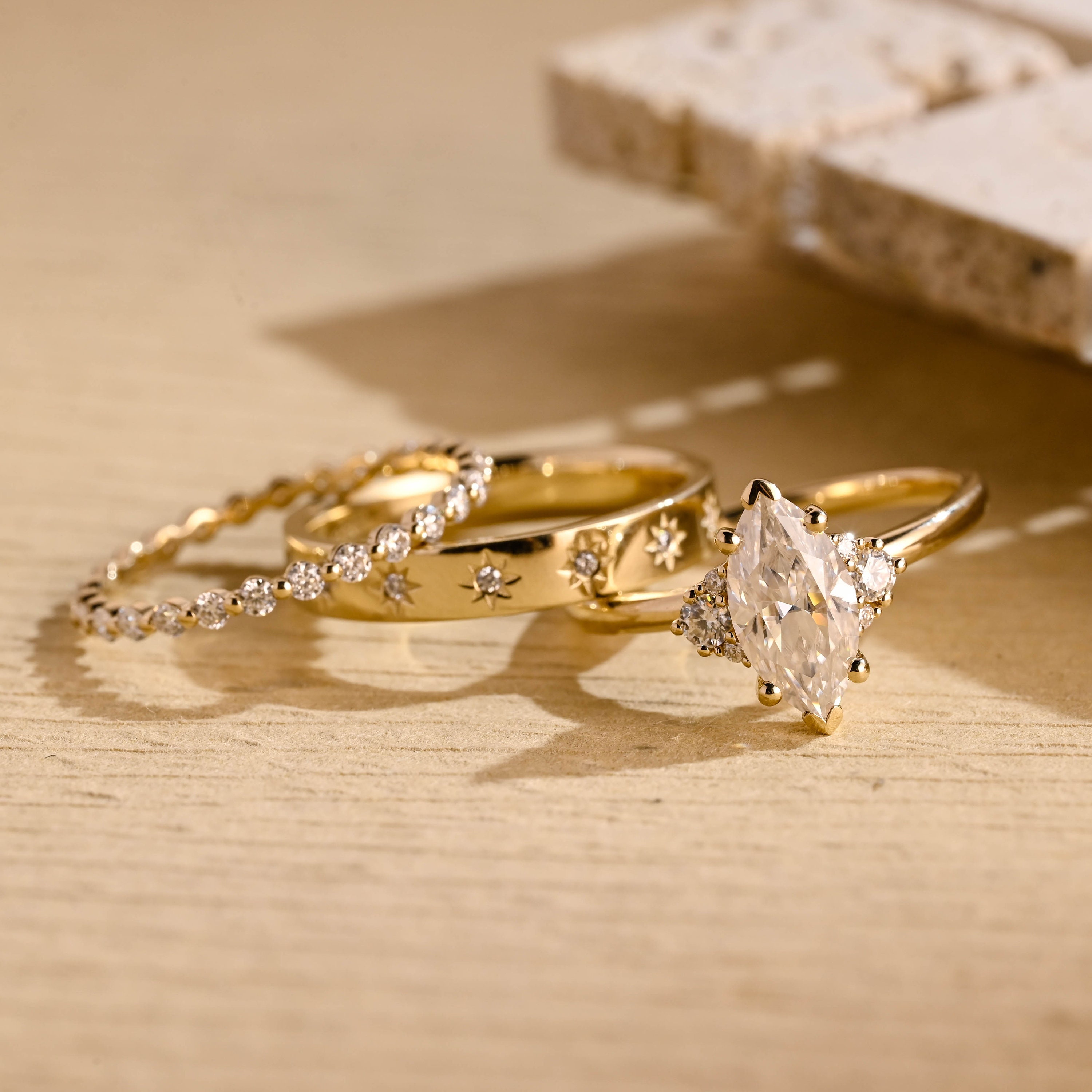 Solid Gold Marquise Moissanite Engagement Ring Set, Vintage Side Cluster Trio Bridal Set, Anniversary, Birthday, Valentine’s Gift for Her
