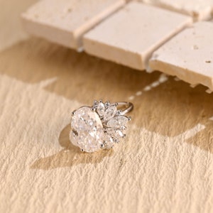 Solid Gold Oval Moissanite Engagement Ring • Side Cluster Promise Ring • Proposal Ring • Valentine’s, Anniversary, Birthday Gift for Her