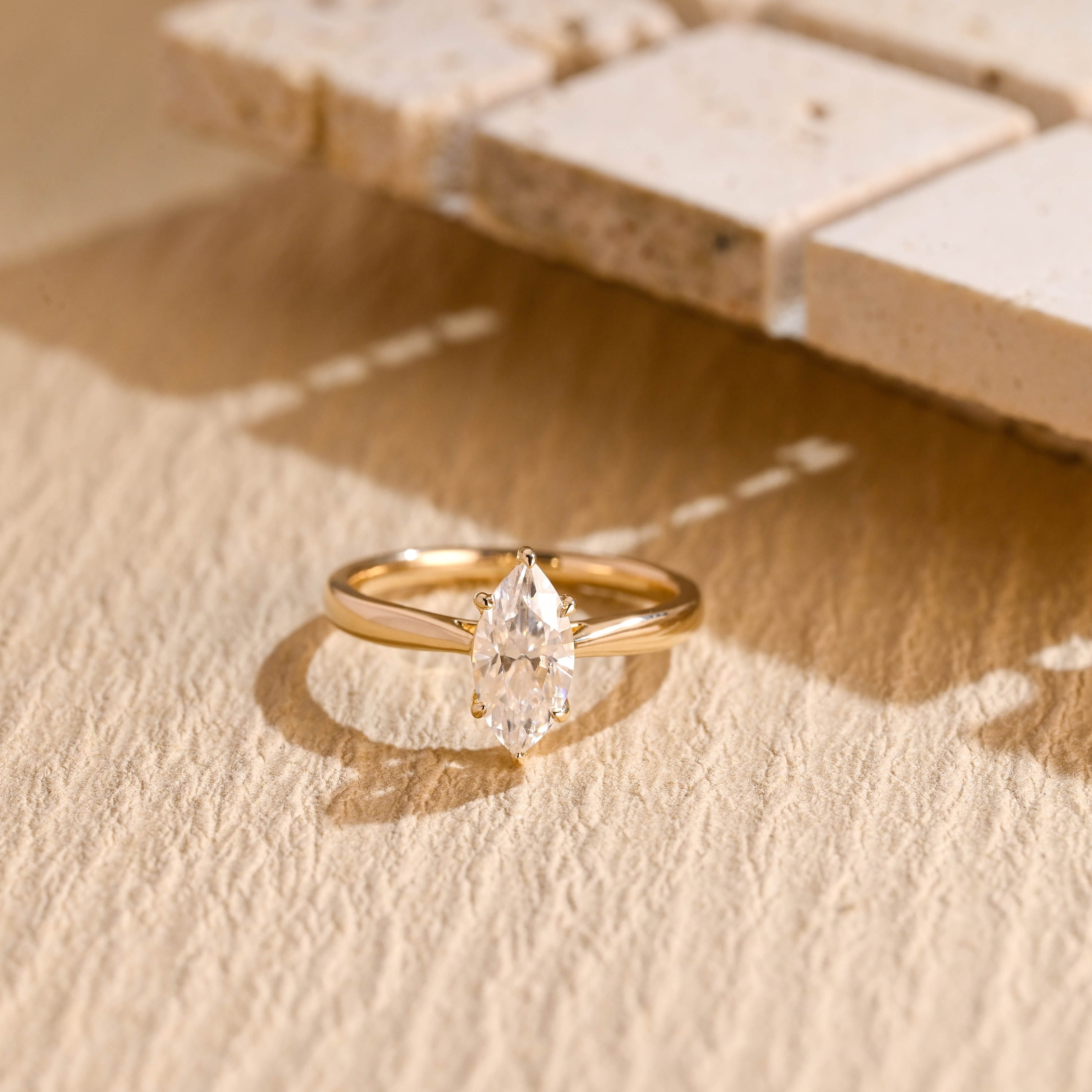 Solid Gold Marquise Cut Moissanite Engagement Ring, Cathedral Solitaire Proposal Ring, Promise Ring, Anniversary/ Birthday Gift for Her