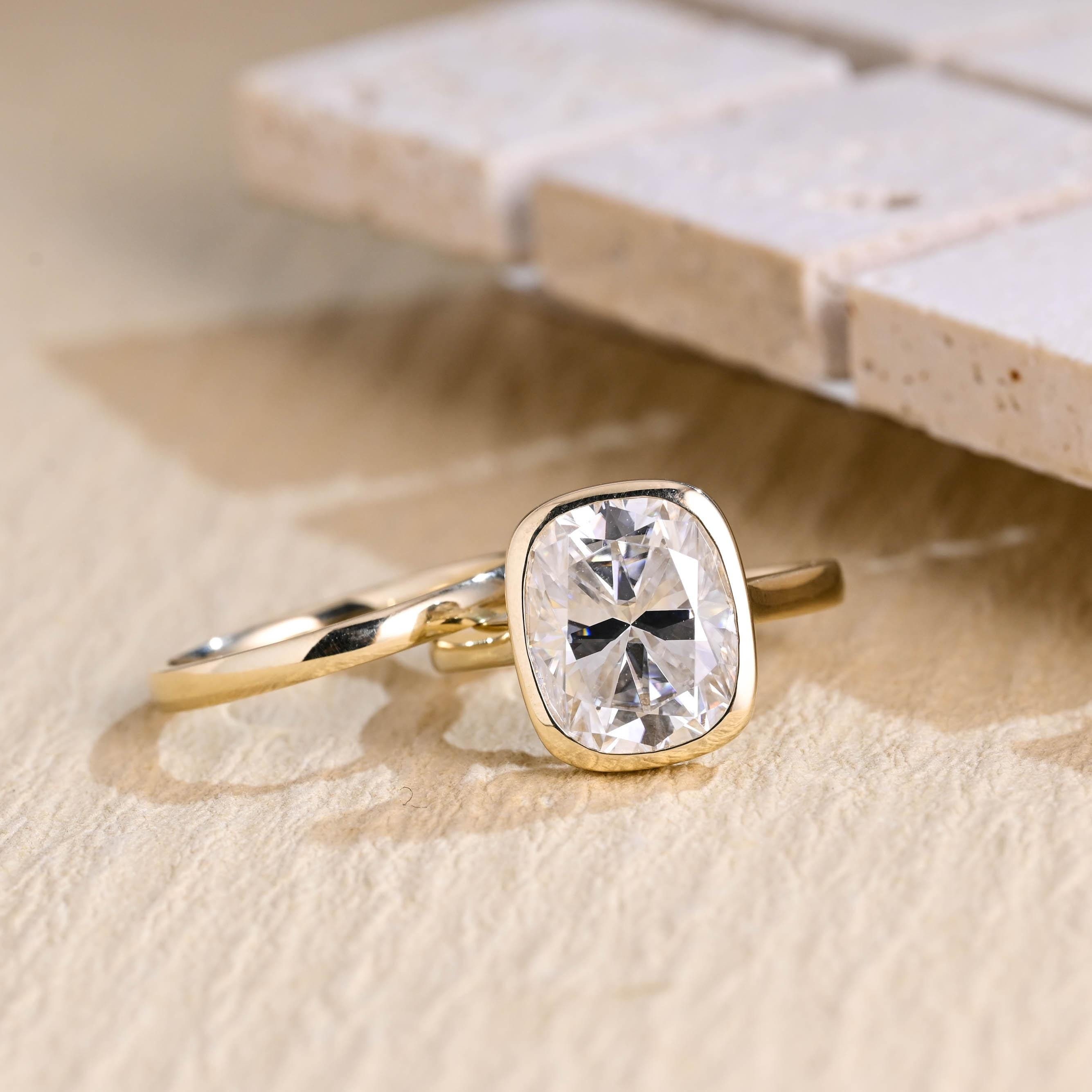 Solid Gold Elongated Cushion Moissanite Engagement Ring Set, Bezel Dainty Bridal Sets, Anniversary Gift/ Birthday Gift for Her, Women, Wife