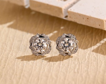 Solid Gold Round Cut Halo Moissanite Engagement Stud Earrings With Flower