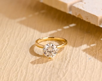 Solid Gold Round Cut Moissanite Engagement Ring, Classic Proposal Ring, Promise Ring, Valentine&#39;s Day/ Anniversary Gift for Woman, Wife, Her