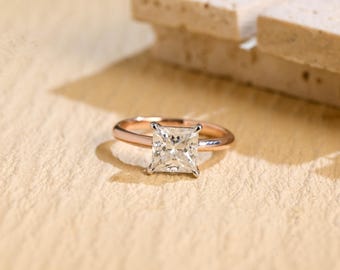 Massiver Gold Solitär Princess Cut Moissanite Verlobungsring, Minimalistische Messerkante Vorschlag Ring
