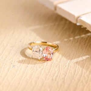 Solid Gold Pear Cut Moissanitr & Pink Oval Cut Lab Grown Sapphire Engagement Ring, Toi et Moi Promise Ring, Valentine&#39;s Day/Anniversary Gift