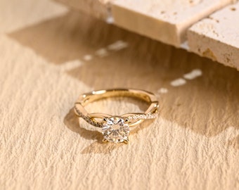 Solid Gold Round Cut Moissanite Engagement Ring, Twist Shank Promise Ring, Proposal Ring, Anniversary/ Birthday Gift for Women, Wife, Her