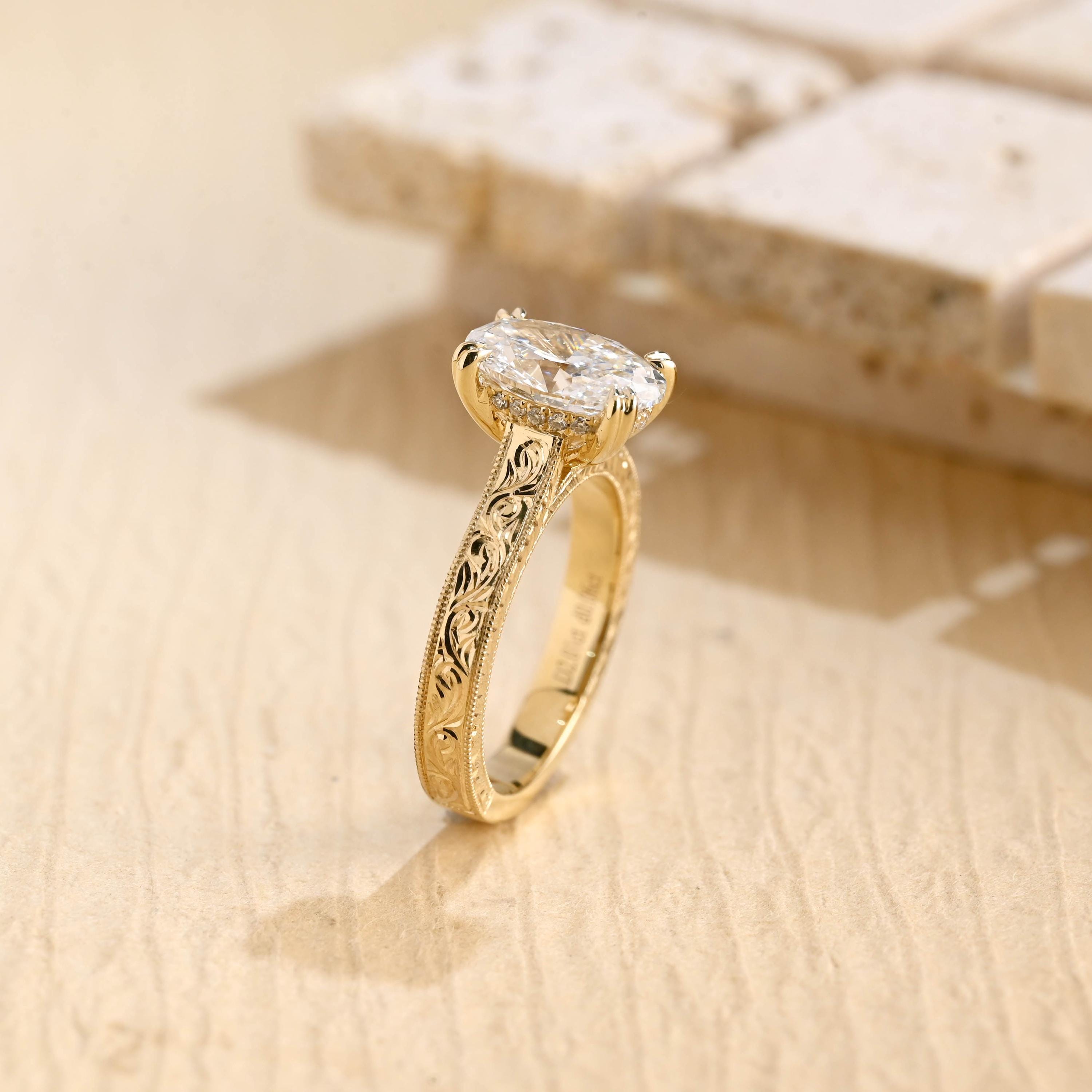 Hand Engraved Oval Engagement Ring - Etsy