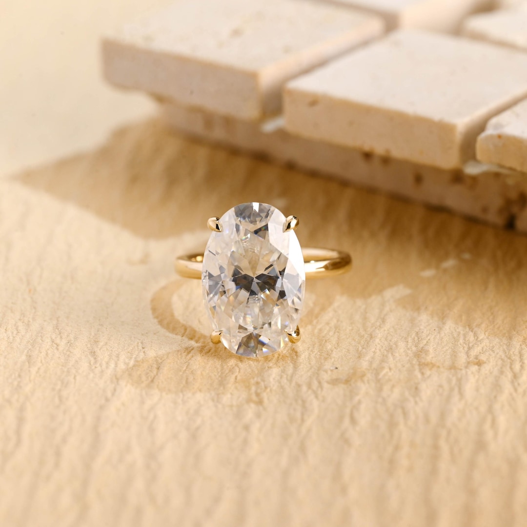 Solid Gold Solitaire Oval Moissanite Engagement Ring, Classic Promise ...