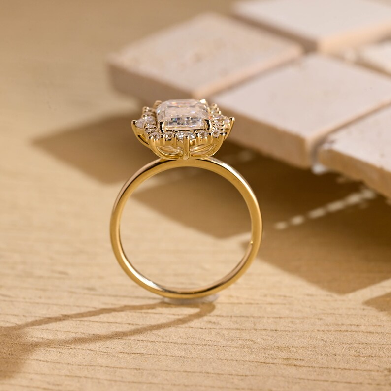 Solid Gold Emerald Cut Moissanite Engagement Ring, Vintage Wedding Ring With Flower, Unique Anniversary / Birthday Gift for Woman, Her, Wife image 9
