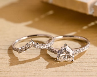 Solid Gold Heart Cut Moissanite Engagement Ring Set, Vintage Wedding Bridal Set, Anniversary • Birthstone Ring • Valentine’s Gift for Her