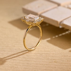 Solid Gold Emerald Cut Moissanite Engagement Ring, Vintage Wedding Ring With Flower, Unique Anniversary / Birthday Gift for Woman, Her, Wife image 8