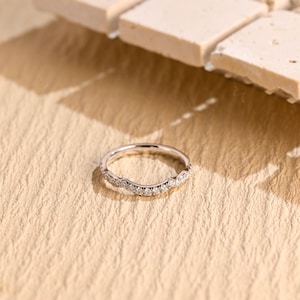 Solid Gold Waved Round Moissanite Wedding Band, Half Eternity Engagement Ring/Anniversary/ Valentine's Day/Birthday Gift for Woman, Her