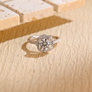 Solid Gold Round Moissanite Engagement Ring, Promise Ring with Halo, Proposal Ring, Anniversary/ Valentine&#39;s Day/ Birthday Gift for Women