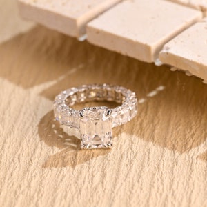 Solid Gold Hidden Halo Emerald Cut Moissanite Engagement Ring, Vintage Pave Proposal Ring,  Luxury Anniversary/ Birthday Gift for Woman