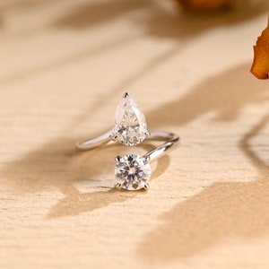 Toi et Moi Ring, Solid Gold Round & Pear Moissanite Engagement Ring, Wedding Ring, Valentine's Day/ Birthday/ Anniversary Gift for Her, Wife