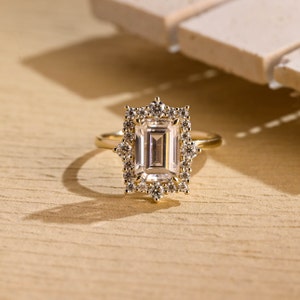 Solid Gold Emerald Cut Moissanite Engagement Ring, Vintage Halo Floral Proposal Ring, Ethical Anniversary/ Birthday Gift for Woman, Wife