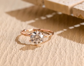 Solid Gold Round Moissanite Engagement Ring, Twisted Promise Ring, Proposal Ring, Art Deco Ring, Valentine&#39;s Day/ Birthday Gift for Women