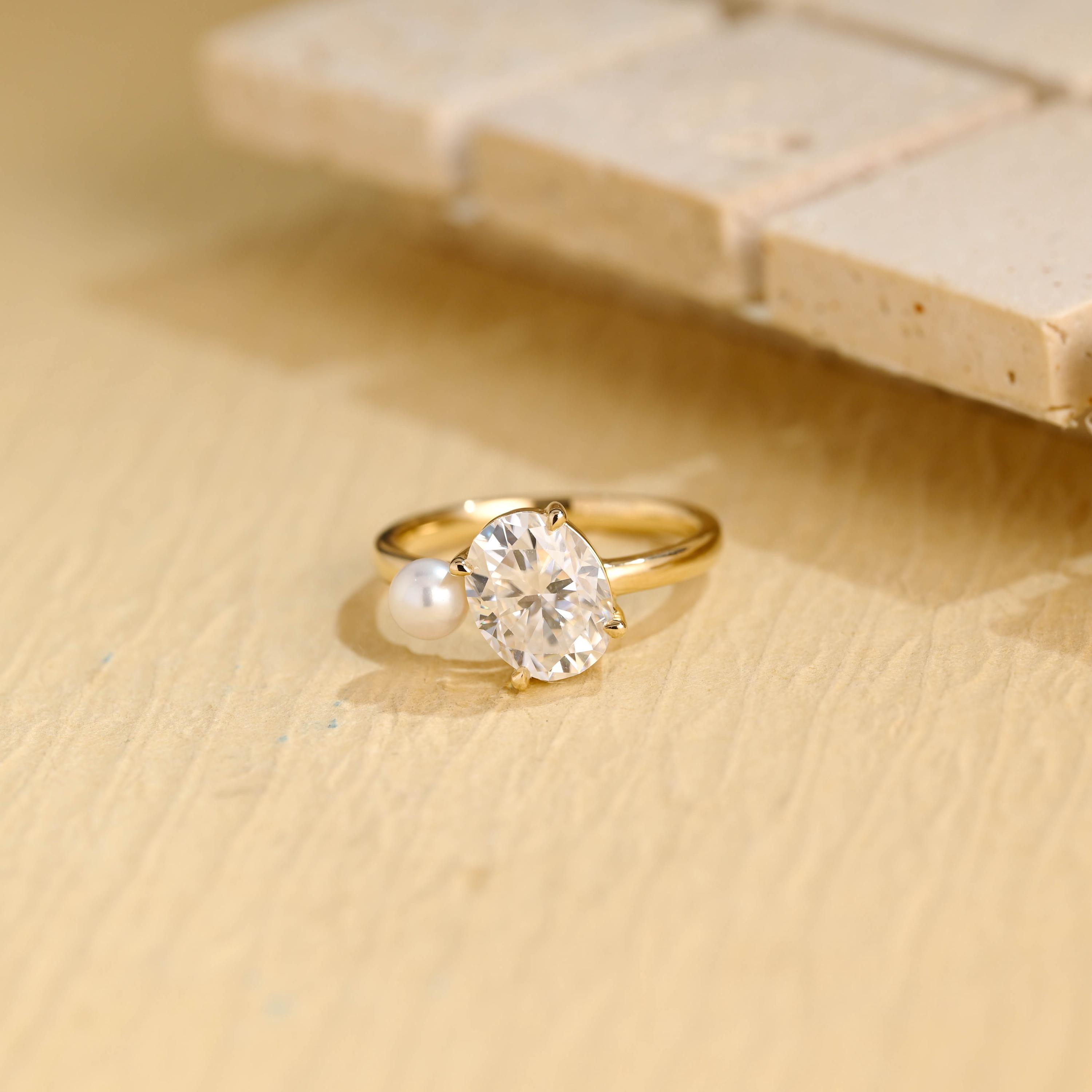 Toi et Moi Ring, Solid Gold Oval Cut Moissanite & Pearl Engagement Ring, Promise Ring, Anniversary, Birthday, Valentine’s Gift for Her
