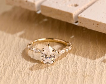 Solid Gold Pear Cut Moissanite Engagement Ring, Half Eternity Bridal Ring, Valentine&#39;s Day/ Anniversary/ Birthday Gift for Her, Woman, Wife