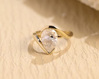 Solid Gold Pear Moissanite Engagement Ring, Bypass Hidden Halo Proposal Ring, Anniversary, Birthday, Valentine’s Gift for Her, Woman