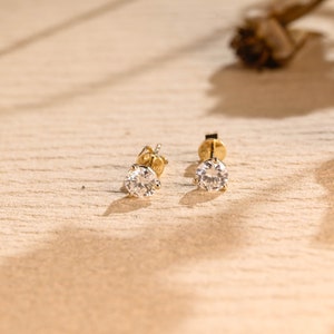 Solid Gold Solitaire Round Moissanite Earrings Stud, Classic 3-Prong Martini Earrings , Anniversary/ Birthday Gift For Wife, Girlfriend, Her