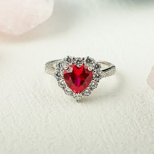 Solid Gold Heart Cut Lab Grown Ruby Engagement Ring, Halo & Half Eternity Proposal Ring, Promise Ring, Valentine&#39;s Day Gift for Woman, Her
