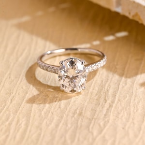 Solid Gold Hidden Halo Oval Moissanite Engagement Ring, Cathedral Pave Proposal Ring,  Valentine&#39;s Day/Anniversary /Birthday Gift for Women