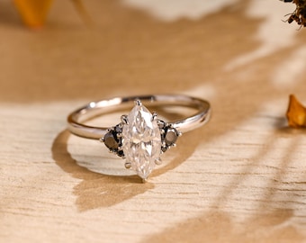 Solid Gold Marquise Moissanite Engagement Ring With Black Moissanite, Vintage Style Ring, Anniversary, Birthday, Valentine’s Gift for Her