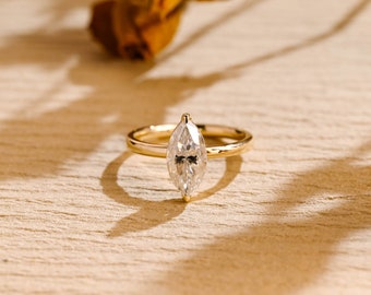 Solid Gold Marquise Cut Moissanite Engagement Ring, Classic Wedding Ring, Valentine's Day/ Anniversary/ Birthday Gift for Woman, Her, Wife