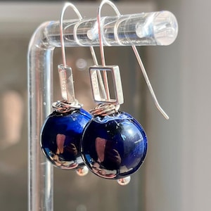 Murano Glass Blown Earrings Black Tahitian Pearl Color, Handmade Blown glass, Exclusive Sterling silver, Modern style Glass bubble earrings