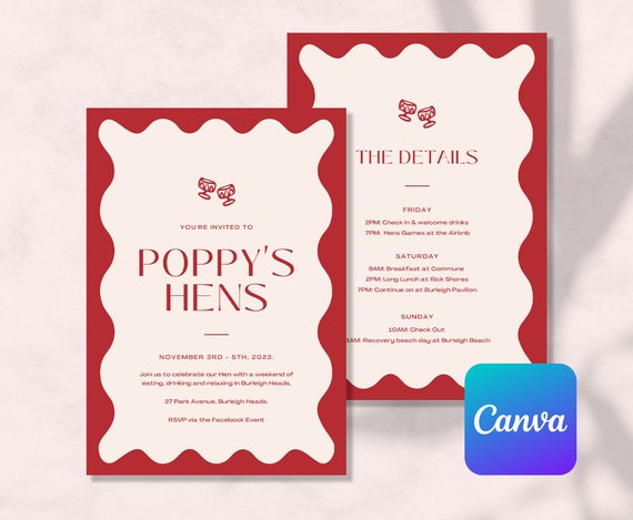 Hens Party Invite and Itinerary Editable on Canva - Pink Wavy Trendy Style