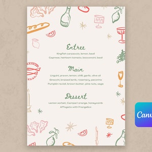 Plantilla de menú para despedida de soltera, boda, Italia, editable en Canva: estilo italiano ondulado y moderno con coloridas ilustraciones dibujadas a mano