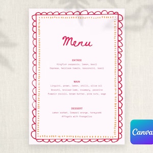 Bridal Shower Wedding Menu Template Editable on Canva - Italian Wavy Trendy Style with curvy border, wavy border, minimal, pink menu