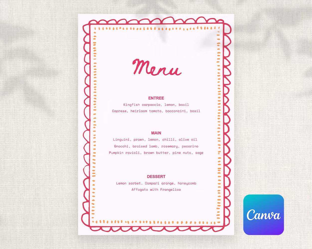 Bridal Shower Wedding Menu Template Editable on Canva Italian Wavy