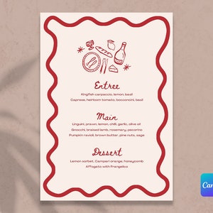 Plantilla de menú Hens Party Italia editable en Canva - Estilo italiano ondulado de moda con ilustraciones dibujadas a mano, rosa y rojo de moda