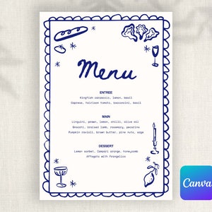 Plantilla de menú de boda para despedida de soltera editable en Canva - Menú de Italia Estilo de moda ondulado con borde curvo, borde ondulado, azul marino dibujado a mano