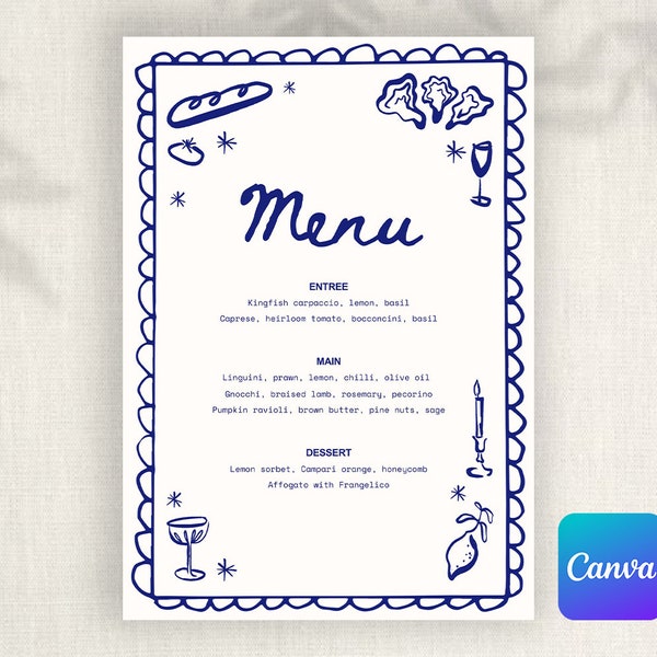 Wedding Bridal Shower Wedding Menu Template Editable on Canva - Italy Menu Wavy Trendy Style with curvy border, wavy border, hand drawn navy