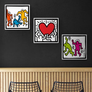 Quadri 3 pezzi Keith Haring 30 cm stampa su pannello con cornice di legno bianca pop art regalo per la casa. Fatto a mano in Italia