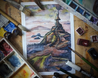 May include: Watercolour painting of a stone tower on a hilltop with a winding staircase leading up to the entrance. The tower has a pointed roof and a chimney. The background is a hazy sky with a few clouds. The painting is surrounded by art supplies, including paintbrushes, paint tubes, and a watercolour palette.