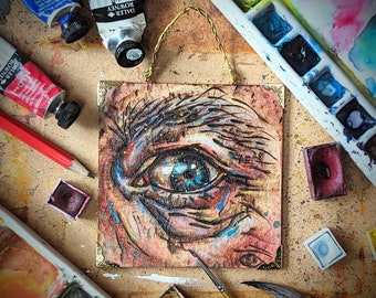 Pyrografia Eye Art - Dzieło sztuki pirografii - Małe wiszące dzieło sztuki - Sztuka wypalania drewna - Gotowe do powieszenia dzieło sztuki - Sztuka w technice mieszanej