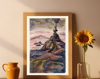 Impresión acogedora en el arte casero - Arte imprimible de escena mágica - Impresión de arte de fantasía descargable - Arte paisajístico de ensueño - Regalo para nerd del arte de fantasía