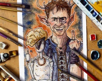 May include: Watercolour painting of a person with antlers and elf ears, wearing a blue and black outfit with a chainmail bodice. The person is smiling and giving the middle finger. The person is standing next to a white puppet with a yellow wig and a red necklace. The painting is signed "Ellie Sparrow".