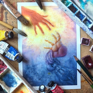 May include: A watercolour painting depicting three hands reaching towards one another. The hands are painted in shades of orange, purple and blue, with a gradient background of yellow, orange and blue.