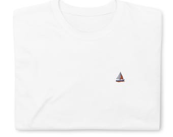 White Embroidered Sailboat T-Shirt – Minimalist Luxury | Premium Cotton | Unisex